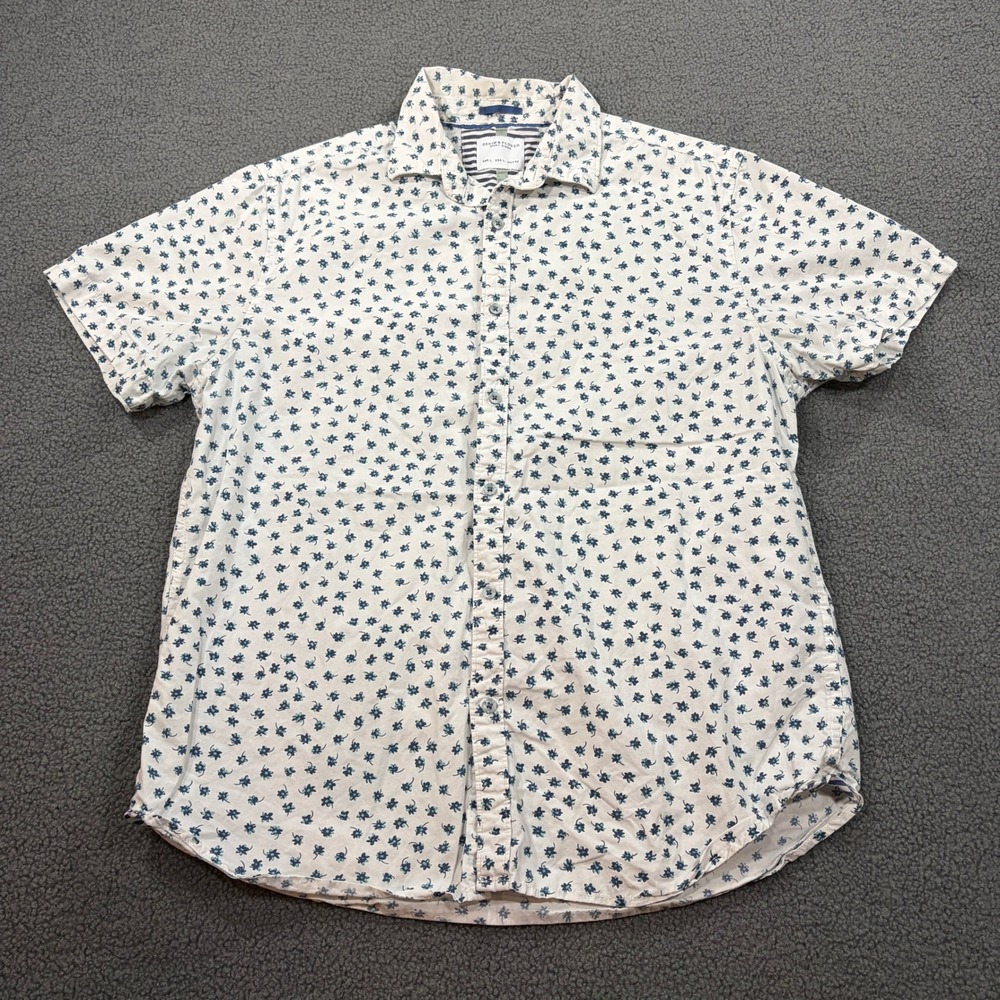 Denim & Flower Button Down Mens L White Floral Ricky Singh Short Sleeve Shirt